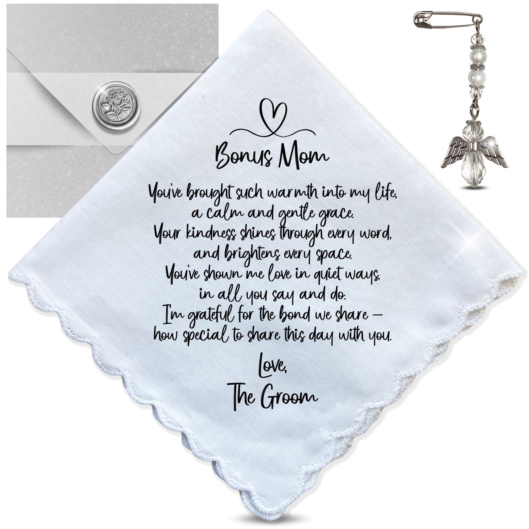 Bonus Mom or Step Mother of the Groom Handkerchief from Son Wedding Gift with Angel Charm Card & Wax-Sealed Envelope