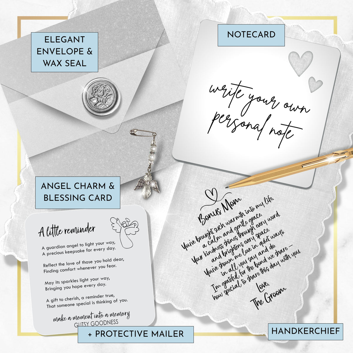 Bonus Mom or Step Mother of the Groom Handkerchief from Son Wedding Gift with Angel Charm Card & Wax-Sealed Envelope
