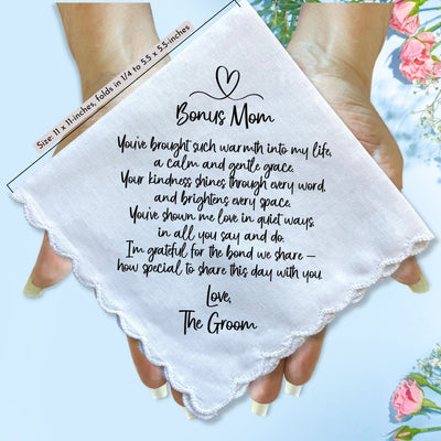 Bonus Mom or Step Mother of the Groom Handkerchief from Son Wedding Gift with Angel Charm Card & Wax-Sealed Envelope
