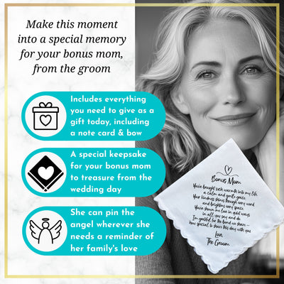 Bonus Mom or Step Mother of the Groom Handkerchief from Son Wedding Gift with Angel Charm Card & Wax-Sealed Envelope