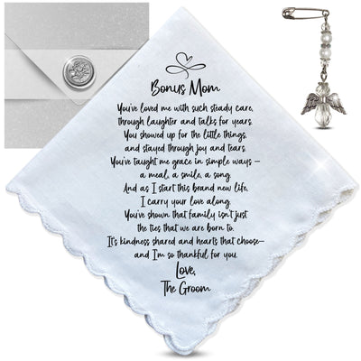 Bonus Mom or Step Mother of the Groom Handkerchief from Son Childhood Thanks Gift with Angel Charm Card & Wax-Sealed Envelope