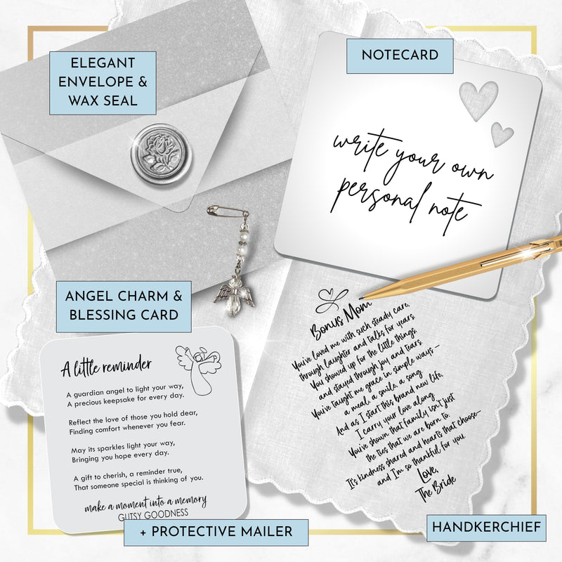 Bonus Mom or Step Mother of the Groom Handkerchief from Son Childhood Thanks Gift with Angel Charm Card & Wax-Sealed Envelope
