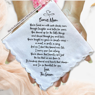 Bonus Mom or Step Mother of the Groom Handkerchief from Son Childhood Thanks Gift with Angel Charm Card & Wax-Sealed Envelope