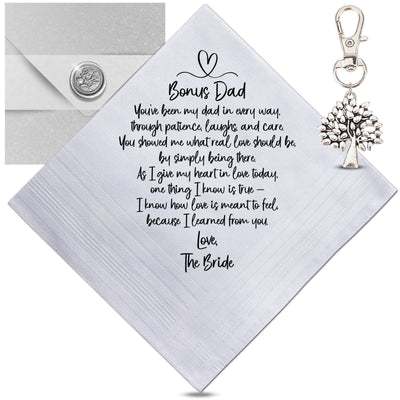 Stepdad or Bonus Dad Handkerchief | Thank You Wedding Day Gift from Bride Daughter | Keepsake Poem Hanky, Tree of Life Keychain, Envelope