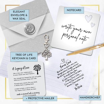 Stepdad or Bonus Dad Handkerchief | Thank You Wedding Day Gift from Bride Daughter | Keepsake Poem Hanky, Tree of Life Keychain, Envelope