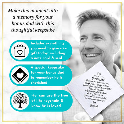 Stepdad or Bonus Dad Handkerchief | Thank You Wedding Day Gift from Bride Daughter | Keepsake Poem Hanky, Tree of Life Keychain, Envelope