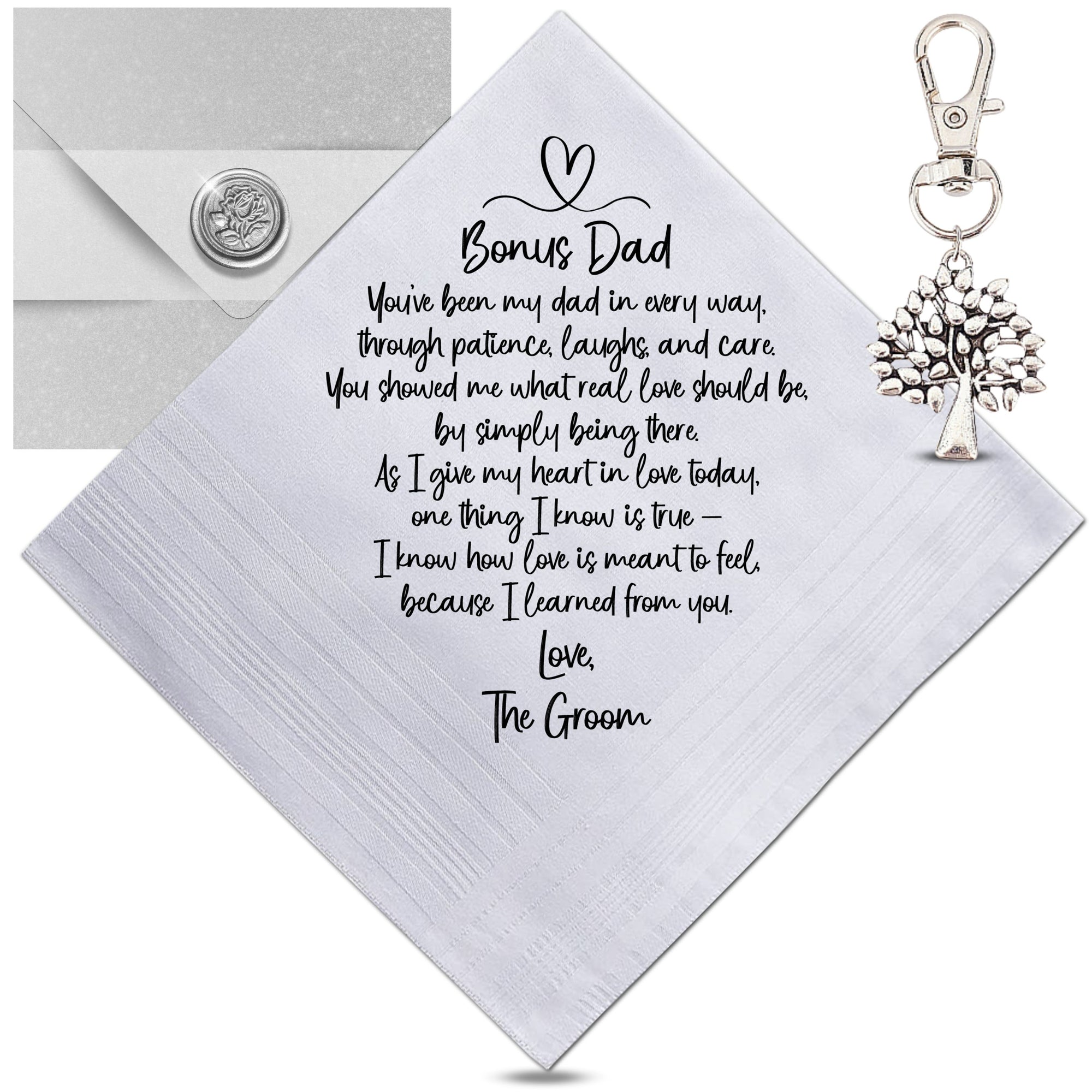 Stepdad or Bonus Dad Handkerchief | Thank You Wedding Day Gift from Groom Son | Sentimental Keepsake Hankie, Tree of Life Keychain, Envelope