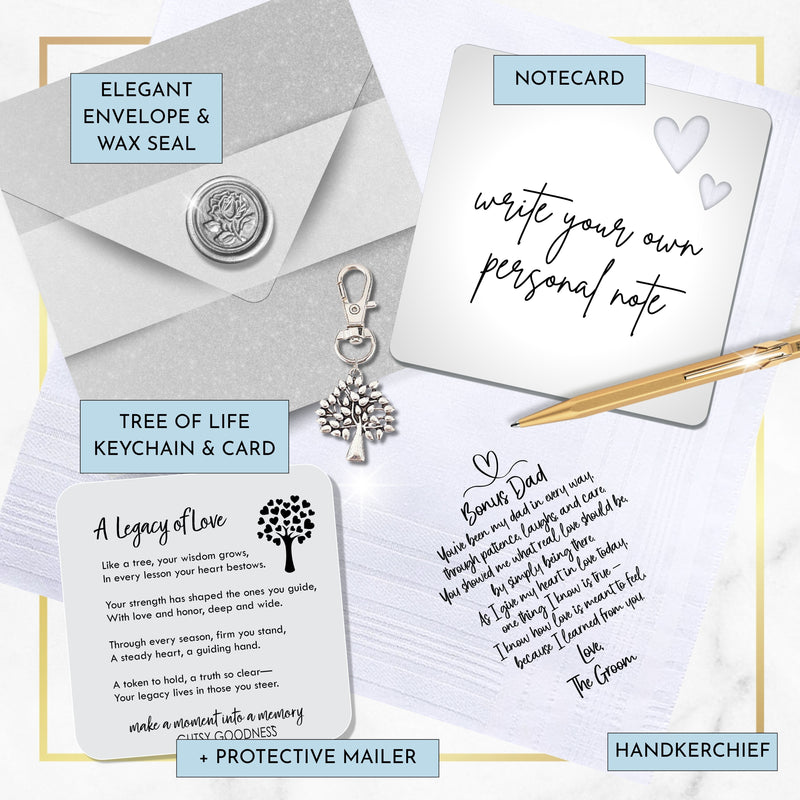 Stepdad or Bonus Dad Handkerchief | Thank You Wedding Day Gift from Groom Son | Sentimental Keepsake Hankie, Tree of Life Keychain, Envelope