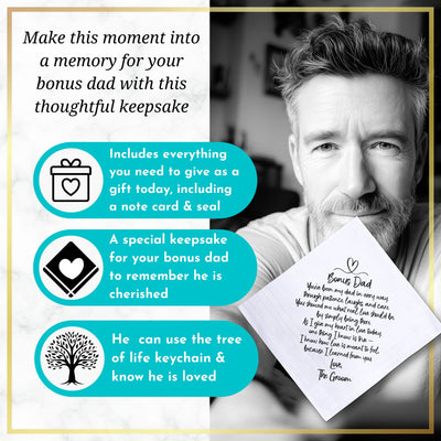 Stepdad or Bonus Dad Handkerchief | Thank You Wedding Day Gift from Groom Son | Sentimental Keepsake Hankie, Tree of Life Keychain, Envelope