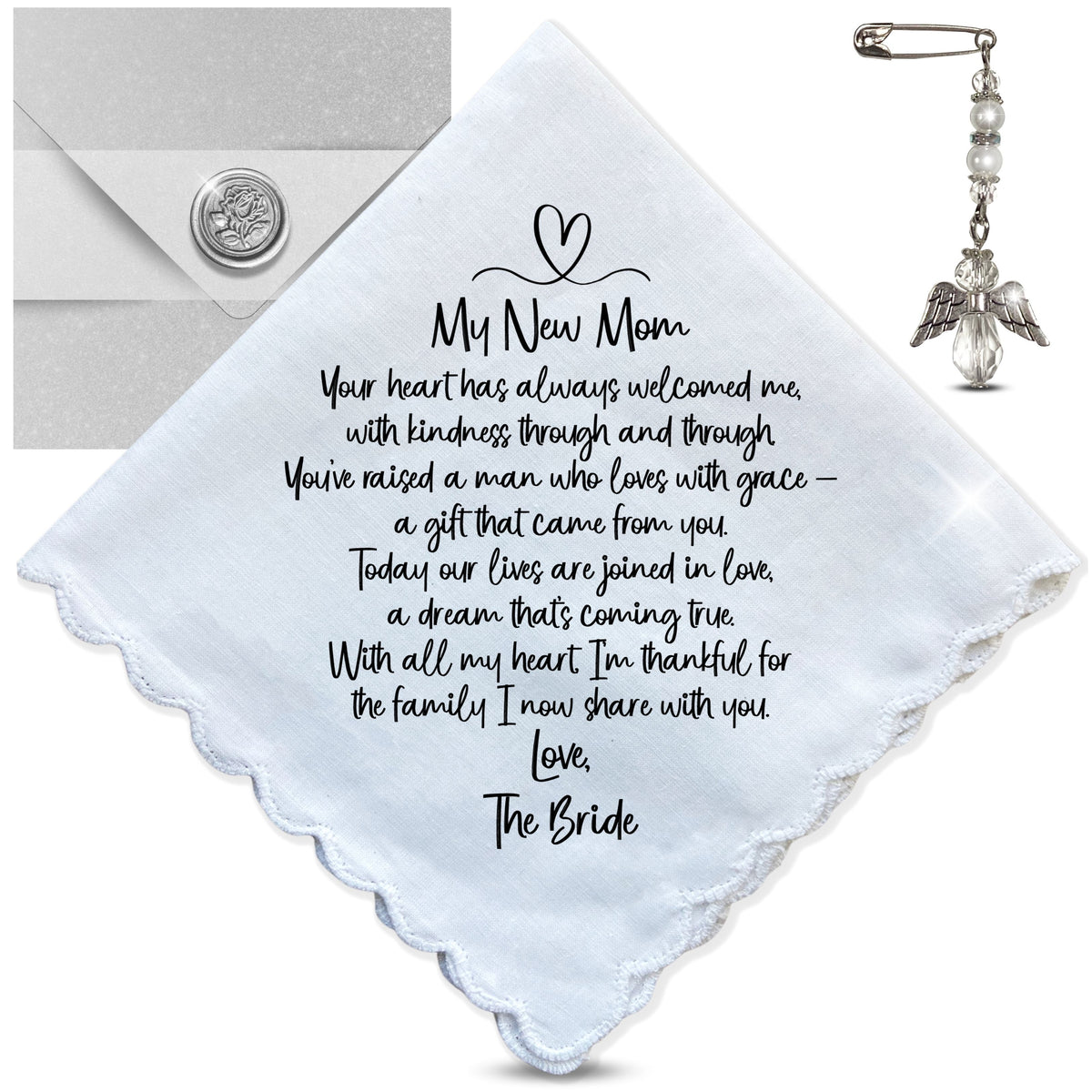 Mother in Law of the Bride Handkerchief Wedding Day Gift from New Daughter DIL | Poem For Groom's Mom | Angel Charm Keepsake, Card, Envelope