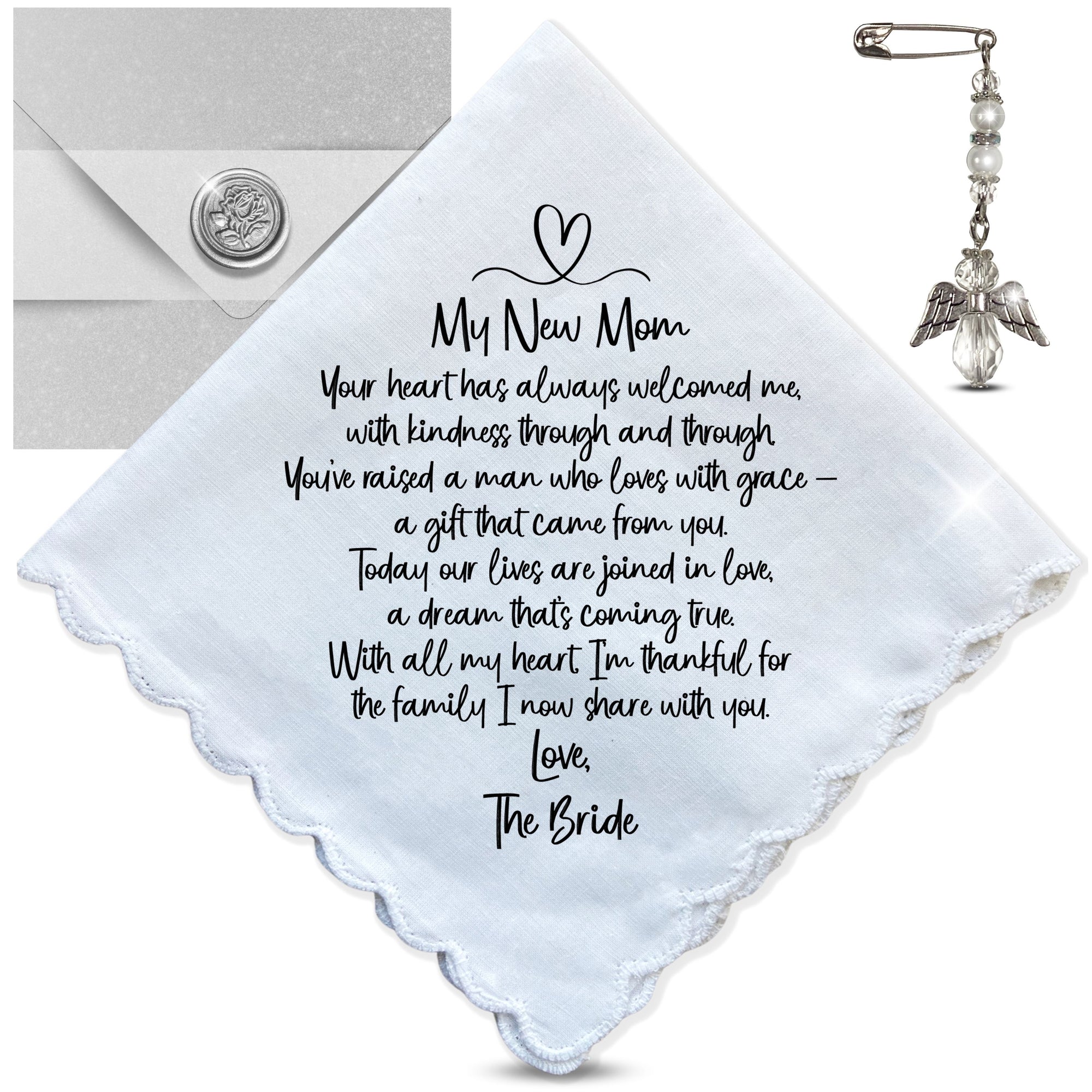 Mother in Law of the Bride Handkerchief Wedding Day Gift from New Daughter DIL | Poem For Groom's Mom | Angel Charm Keepsake, Card, Envelope