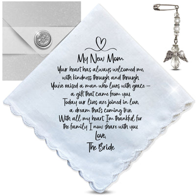 Mother in Law of the Bride Handkerchief Wedding Day Gift from New Daughter DIL | Poem For Groom's Mom | Angel Charm Keepsake, Card, Envelope