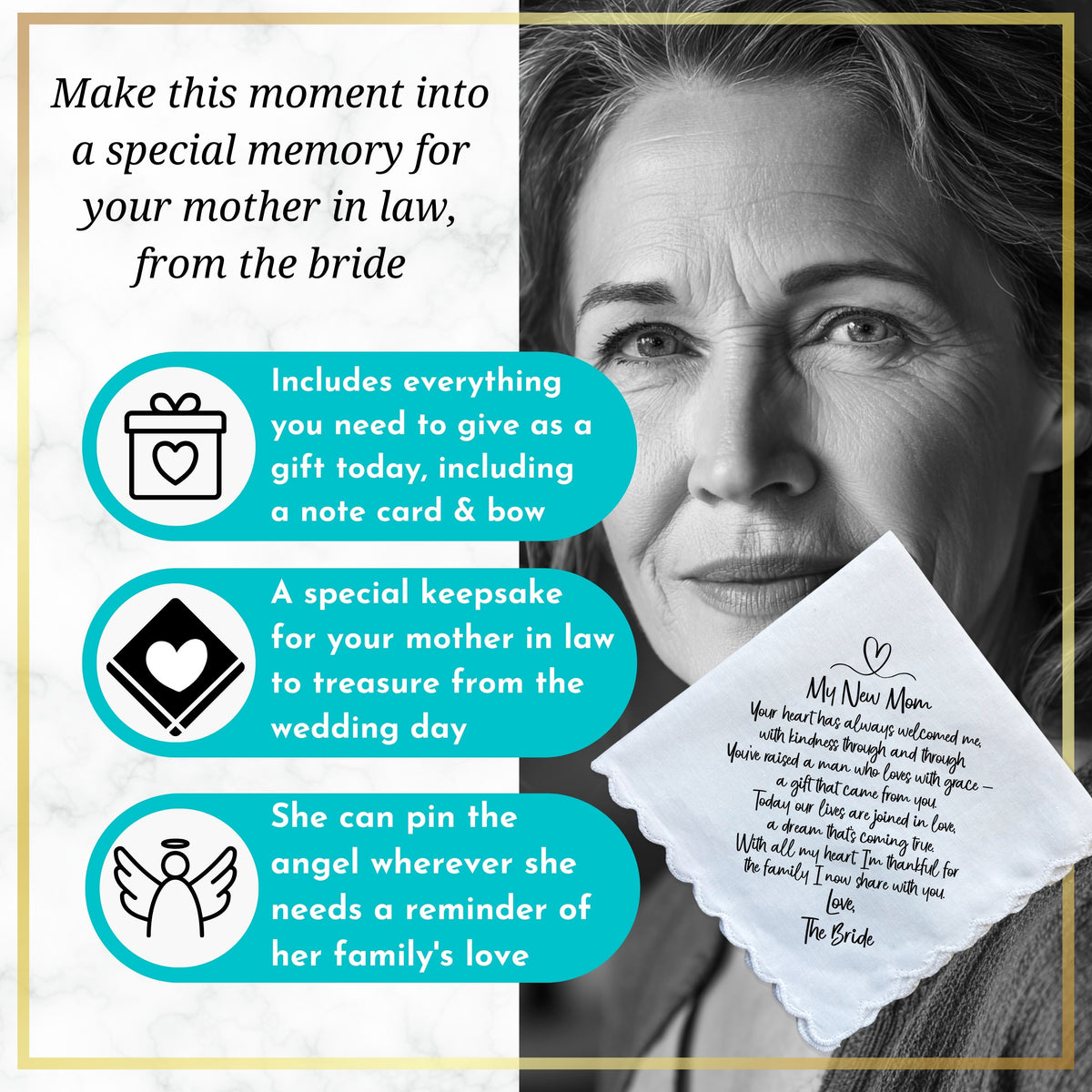 Mother in Law of the Bride Handkerchief Wedding Day Gift from New Daughter DIL | Poem For Groom's Mom | Angel Charm Keepsake, Card, Envelope