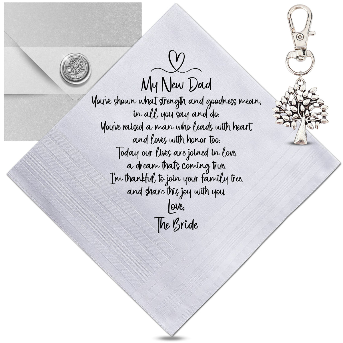 Father in Law of Bride Handkerchief Wedding Gift from New Daughter with Cotton Hankie Card Tree Keychain & Wax-Sealed Envelope