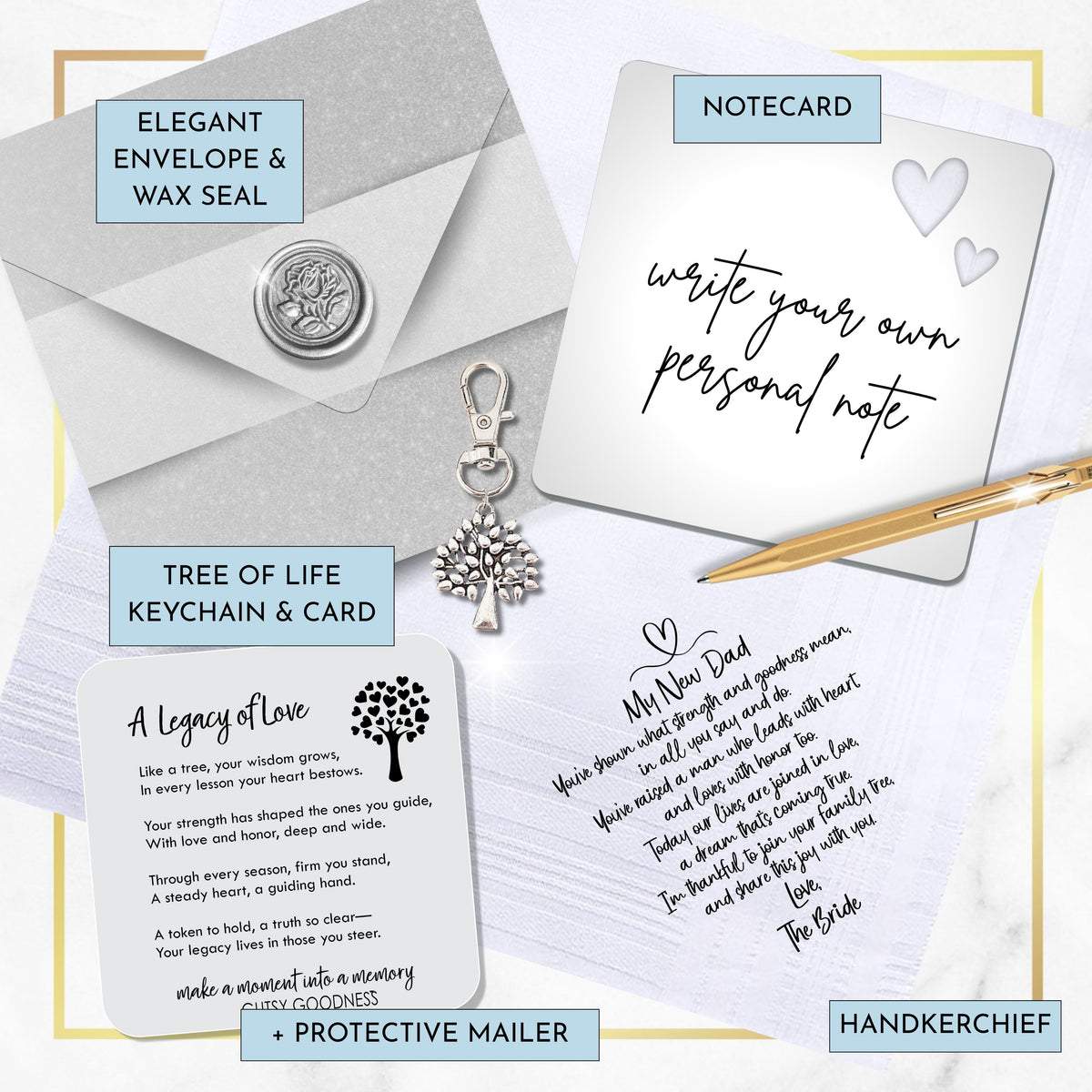 Father in Law of Bride Handkerchief Wedding Gift from New Daughter with Cotton Hankie Card Tree Keychain & Wax-Sealed Envelope
