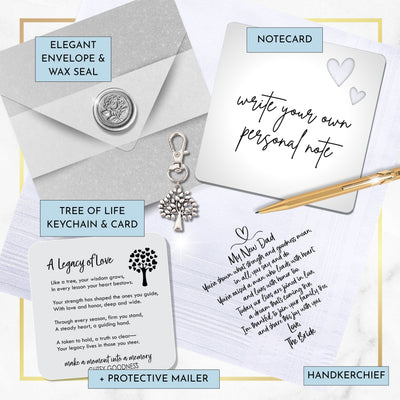 Father in Law of Bride Handkerchief Wedding Gift from New Daughter with Cotton Hankie Card Tree Keychain & Wax-Sealed Envelope