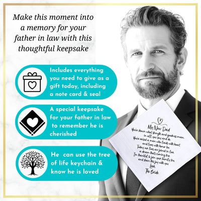 Father in Law of Bride Handkerchief Wedding Gift from New Daughter with Cotton Hankie Card Tree Keychain & Wax-Sealed Envelope