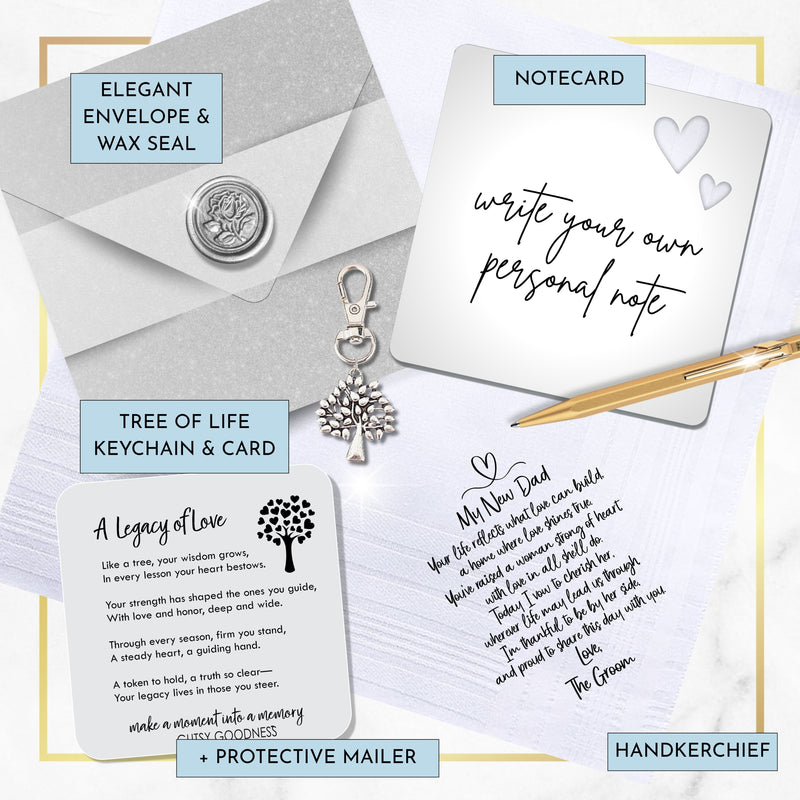 Father in Law of Groom Handkerchief | Wedding Gift from New Son | Cotton Hankie, Card, Tree of Life Keychain & Wax-Sealed Elegant Envelope