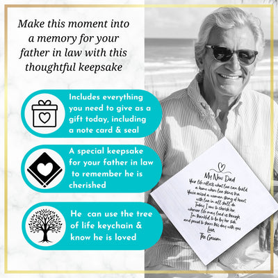 Father in Law of Groom Handkerchief | Wedding Gift from New Son | Cotton Hankie, Card, Tree of Life Keychain & Wax-Sealed Elegant Envelope