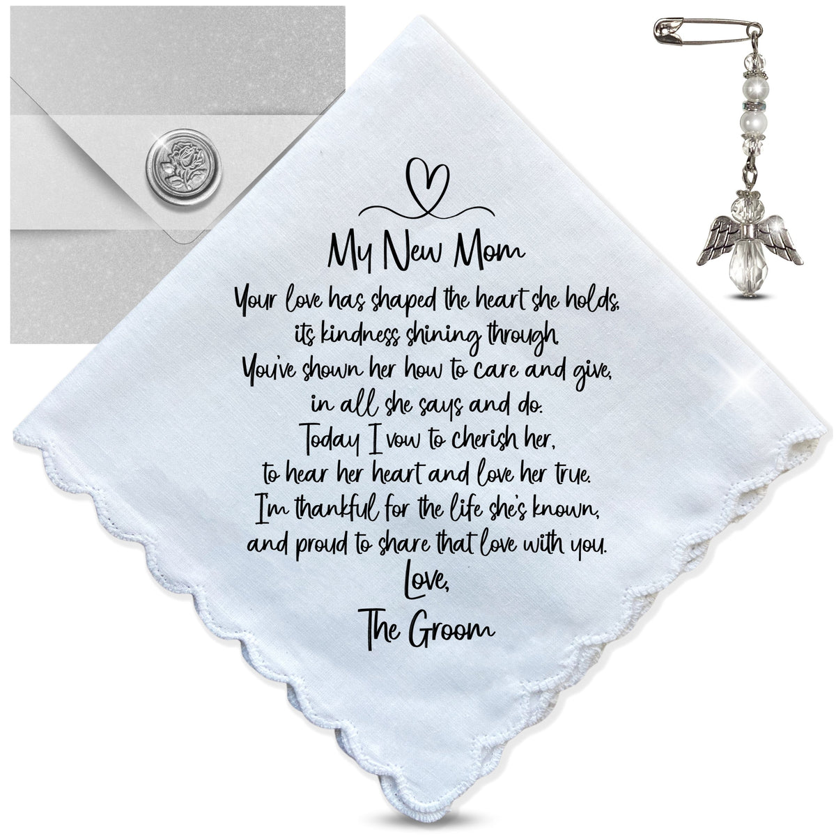 Mother in Law of the Groom Handkerchief Wedding Day Gift from New Son | For Bride's Mom from SIL Poem | Angel Charm Keepsake, Card, Envelope