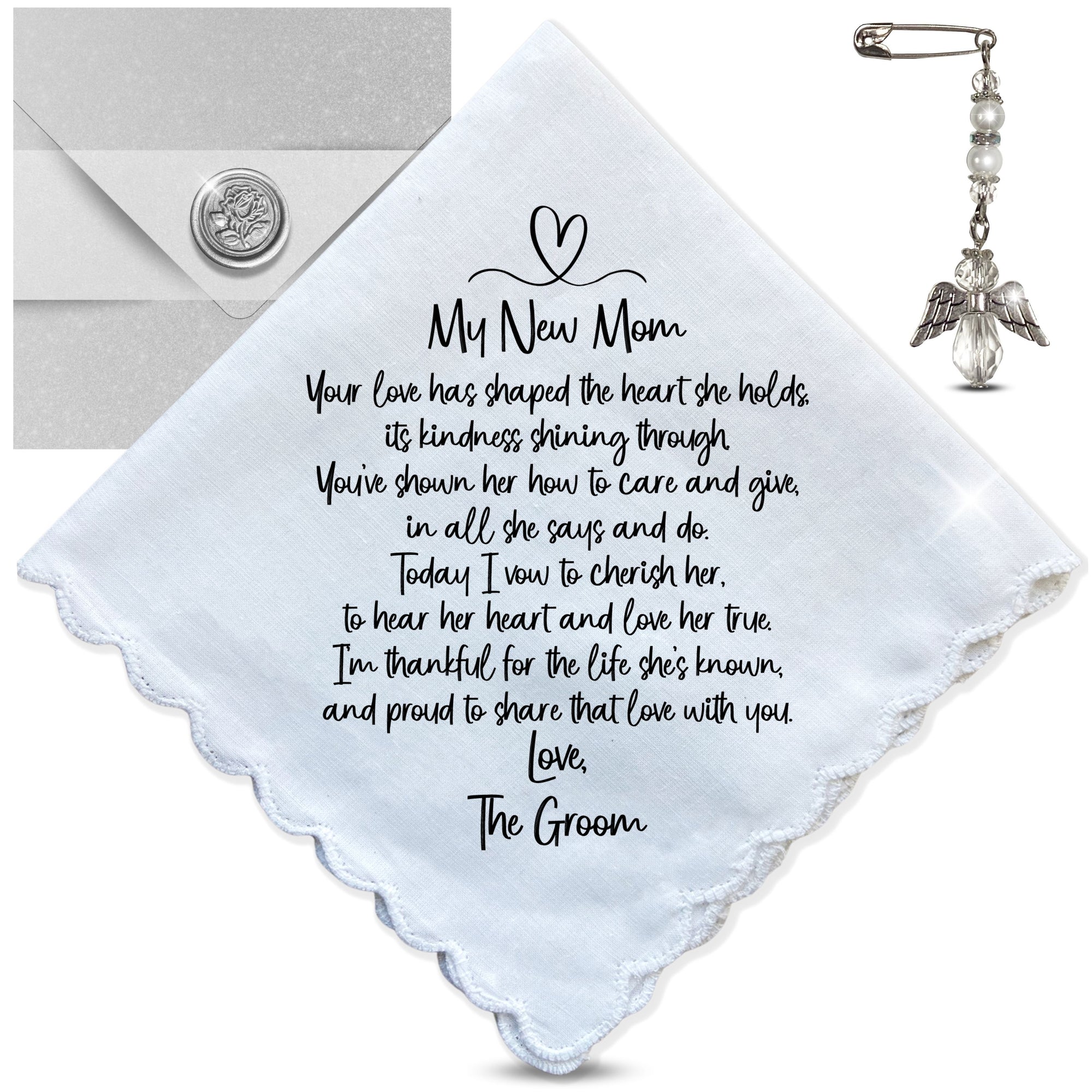Mother in Law of the Groom Handkerchief Wedding Day Gift from New Son | For Bride's Mom from SIL Poem | Angel Charm Keepsake, Card, Envelope