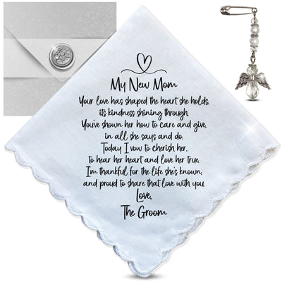 Mother in Law of the Groom Handkerchief Wedding Day Gift from New Son | For Bride's Mom from SIL Poem | Angel Charm Keepsake, Card, Envelope