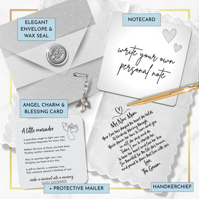 Mother in Law of the Groom Handkerchief Wedding Day Gift from New Son | For Bride's Mom from SIL Poem | Angel Charm Keepsake, Card, Envelope