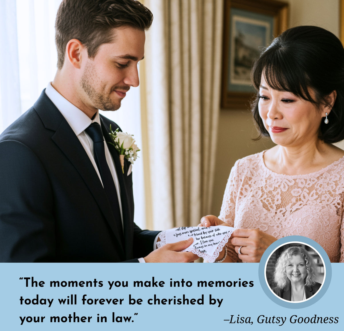 Mother in Law of the Groom Handkerchief Wedding Day Gift from New Son | For Bride's Mom from SIL Poem | Angel Charm Keepsake, Card, Envelope