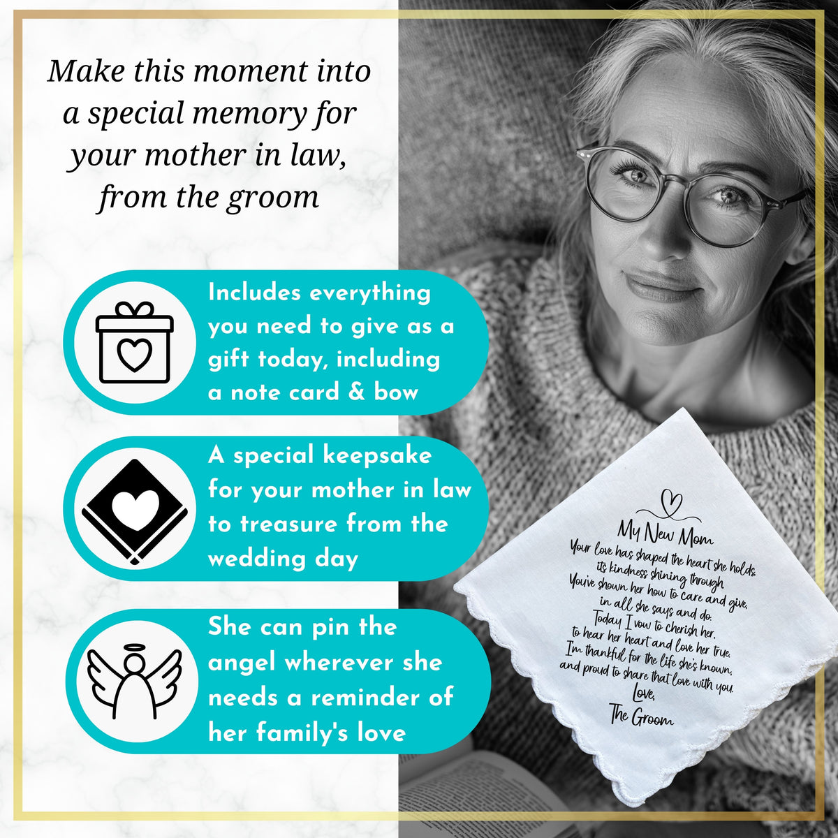 Mother in Law of the Groom Handkerchief Wedding Day Gift from New Son | For Bride's Mom from SIL Poem | Angel Charm Keepsake, Card, Envelope