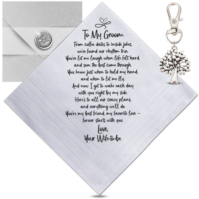 Groom Handkerchief From the Bride | On Our Wedding Day Fun + Sweet Gift | Wife to Be Loves You Poem, Card, Keychain & Wax-Sealed Envelope