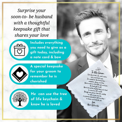 Groom Handkerchief From the Bride | On Our Wedding Day Fun + Sweet Gift | Wife to Be Loves You Poem, Card, Keychain & Wax-Sealed Envelope