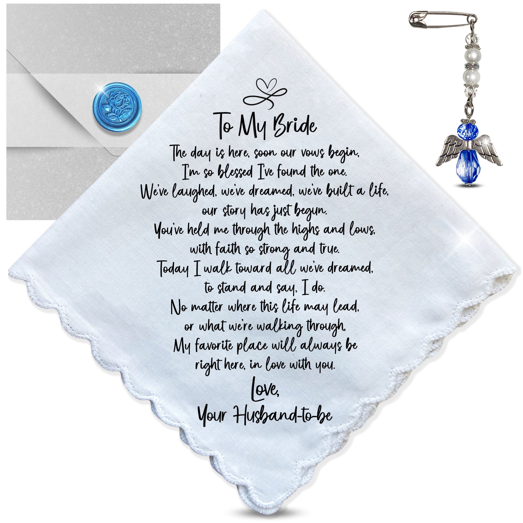 Bride Handkerchief From Groom | on Our Wedding Day Romantic Poem from Husband to Be | Something Blue Angel Charm Card & Wax-Sealed Envelope