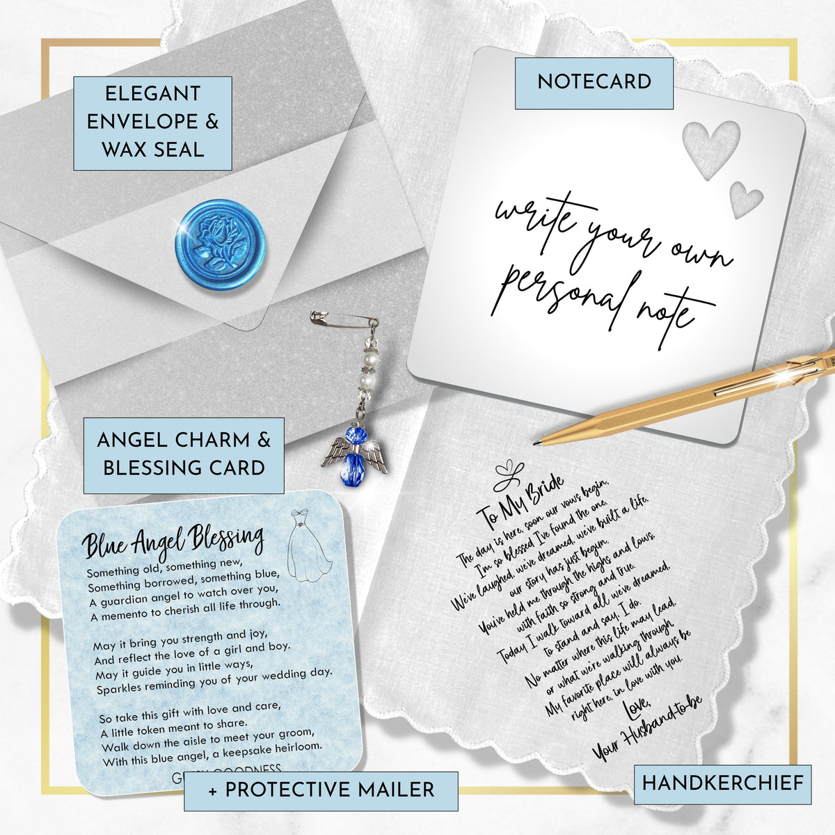 Bride Handkerchief From Groom | on Our Wedding Day Romantic Poem from Husband to Be | Something Blue Angel Charm Card & Wax-Sealed Envelope