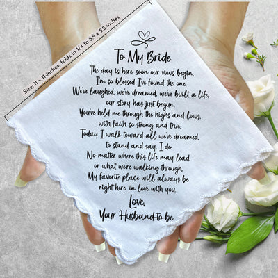 Bride Handkerchief From Groom | on Our Wedding Day Romantic Poem from Husband to Be | Something Blue Angel Charm Card & Wax-Sealed Envelope