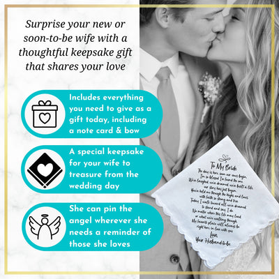 Bride Handkerchief From Groom | on Our Wedding Day Romantic Poem from Husband to Be | Something Blue Angel Charm Card & Wax-Sealed Envelope