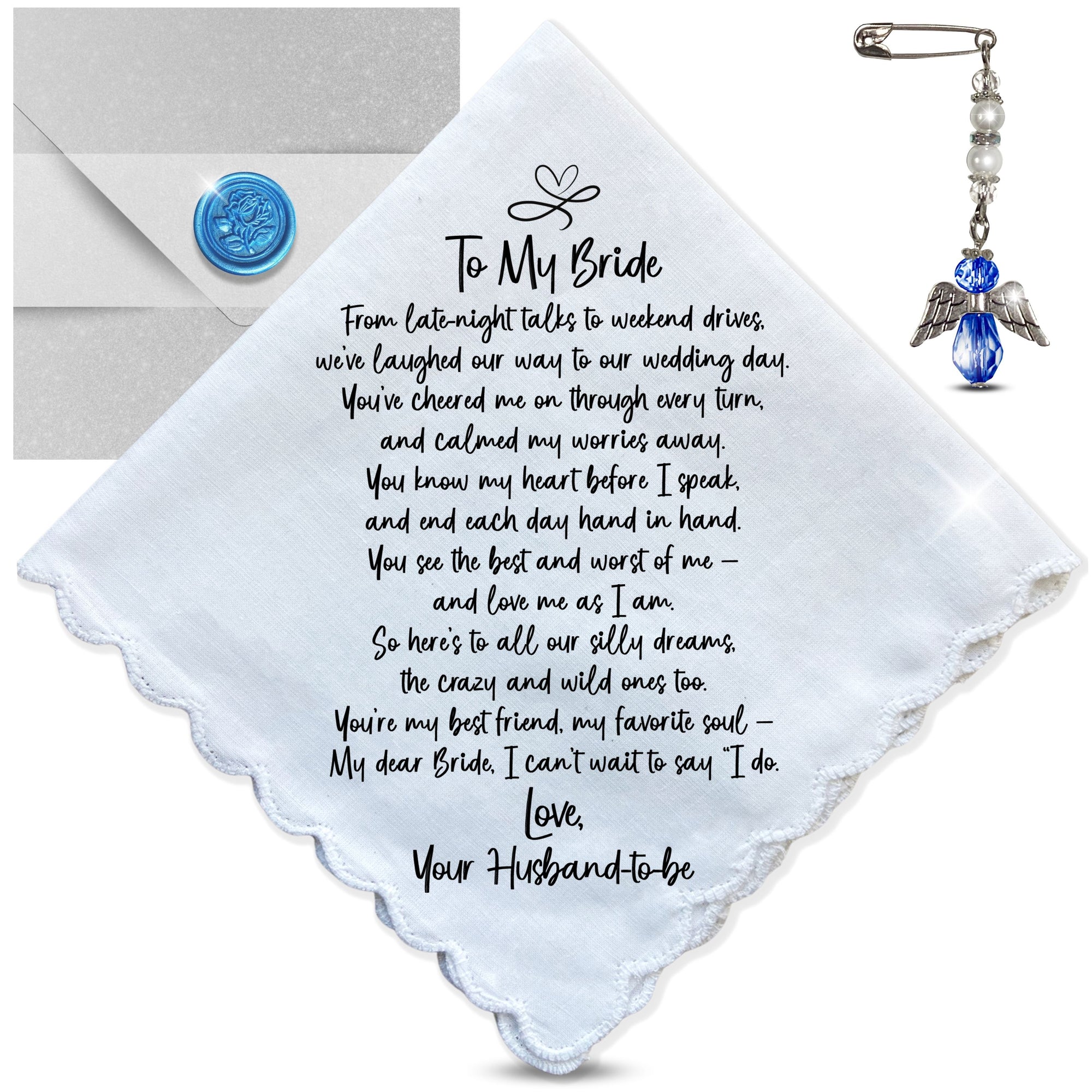 Bride Handkerchief on Our Wedding Day Fun Sentiment from Groom Your Husband to Be with Angel Charm Card & Wax-Sealed Envelope