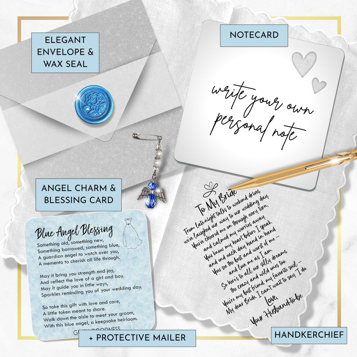 Bride Handkerchief on Our Wedding Day Fun Sentiment from Groom Your Husband to Be with Angel Charm Card & Wax-Sealed Envelope