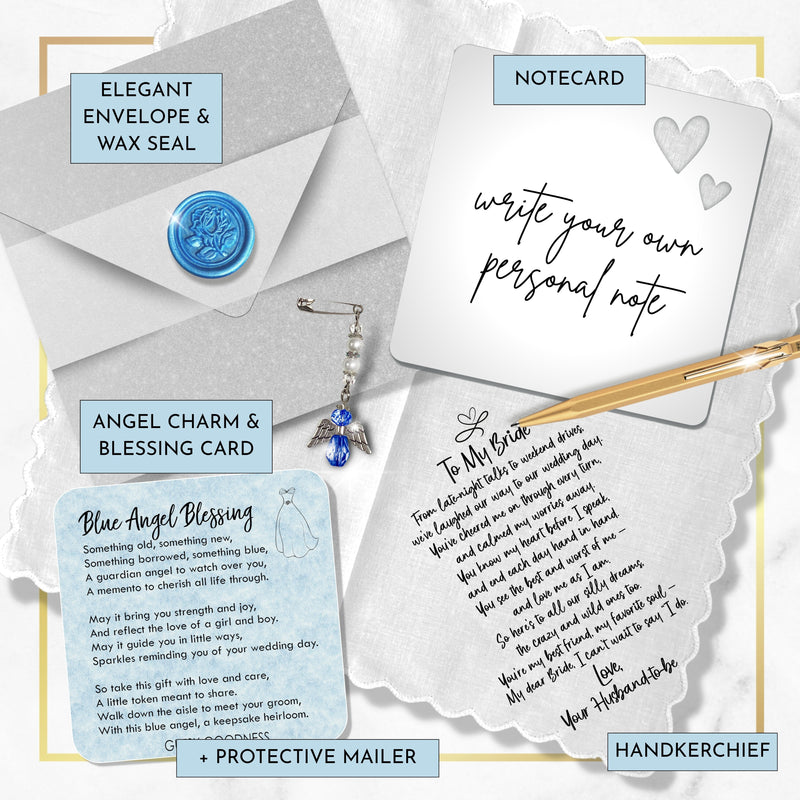 Bride Handkerchief on Our Wedding Day Fun Sentiment from Groom Your Husband to Be with Angel Charm Card & Wax-Sealed Envelope