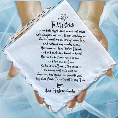 Bride Handkerchief on Our Wedding Day Fun Sentiment from Groom Your Husband to Be with Angel Charm Card & Wax-Sealed Envelope