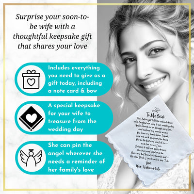 Bride Handkerchief on Our Wedding Day Fun Sentiment from Groom Your Husband to Be with Angel Charm Card & Wax-Sealed Envelope