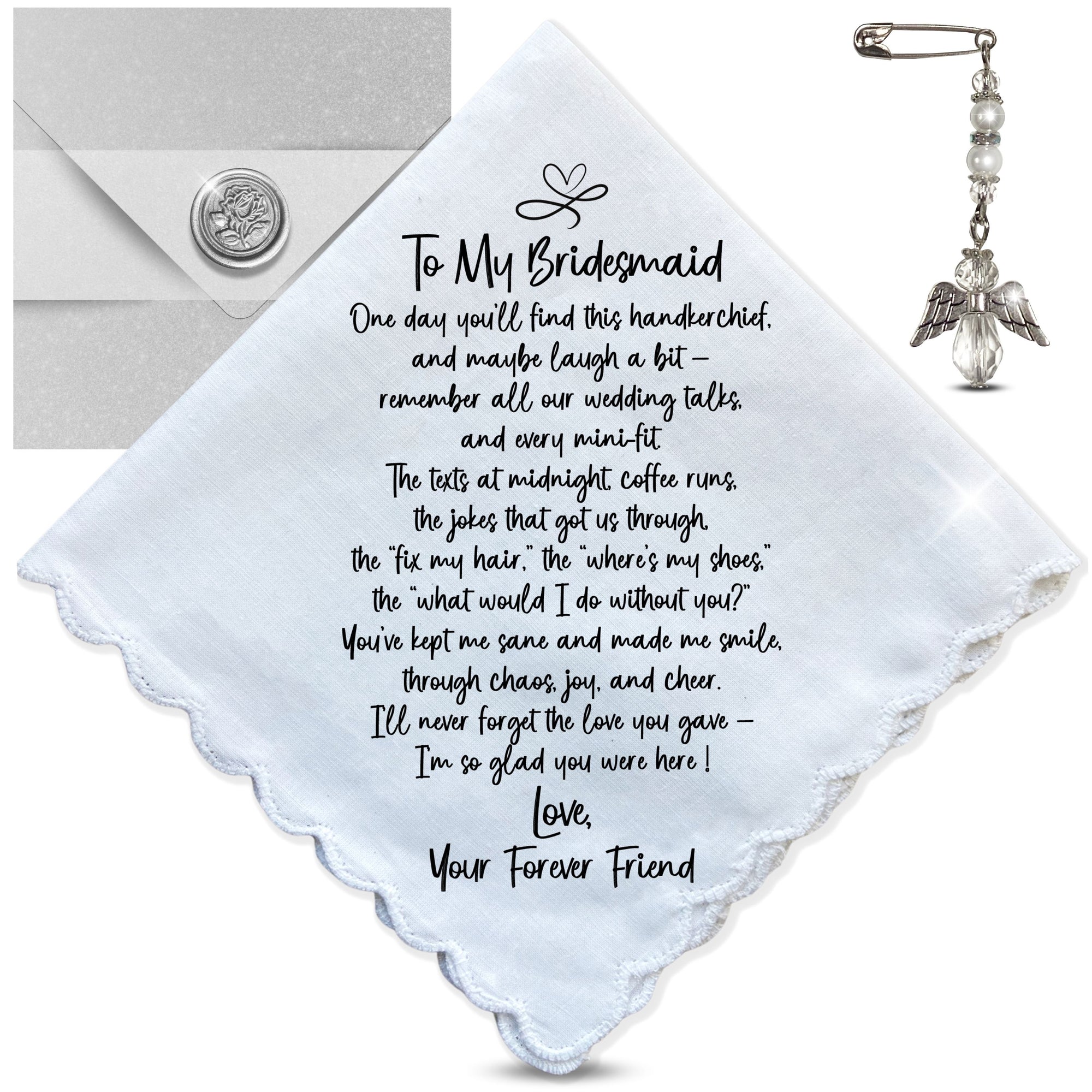 Bridesmaid Handkerchief Wedding Gift from Bride | Thank You Keepsake with Poem for Morning of Letter, Angel Charm, Card, Wax-Sealed Envelope