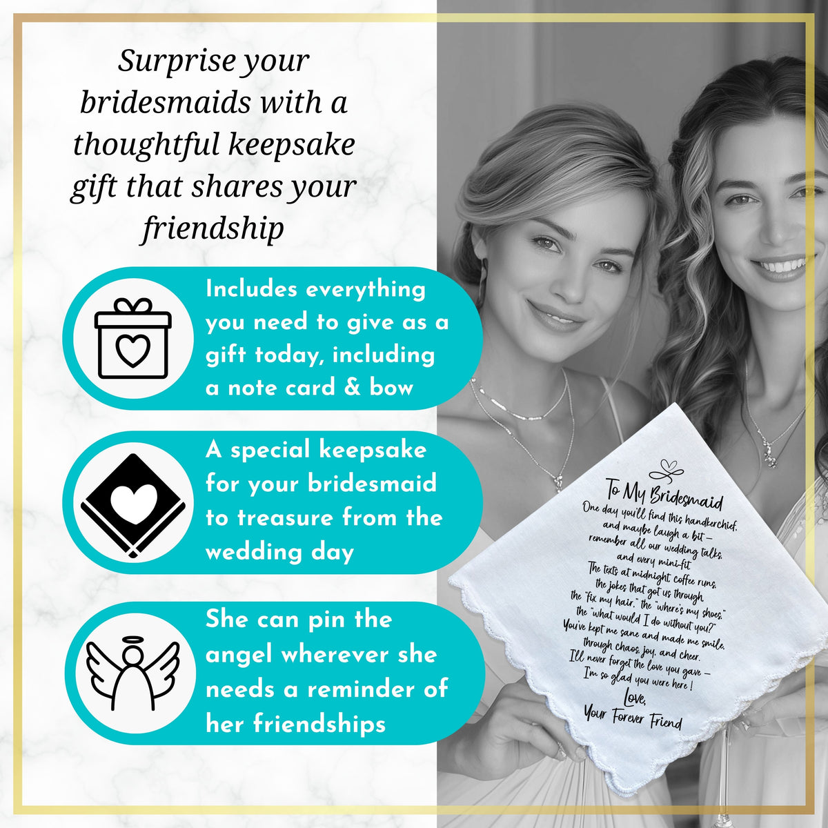 Bridesmaid Handkerchief Wedding Gift from Bride | Thank You Keepsake with Poem for Morning of Letter, Angel Charm, Card, Wax-Sealed Envelope