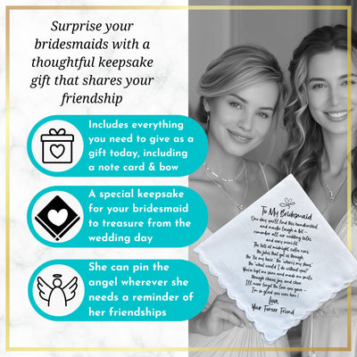 Bridesmaid Handkerchief Wedding Gift from Bride | Thank You Keepsake with Poem for Morning of Letter, Angel Charm, Card, Wax-Sealed Envelope