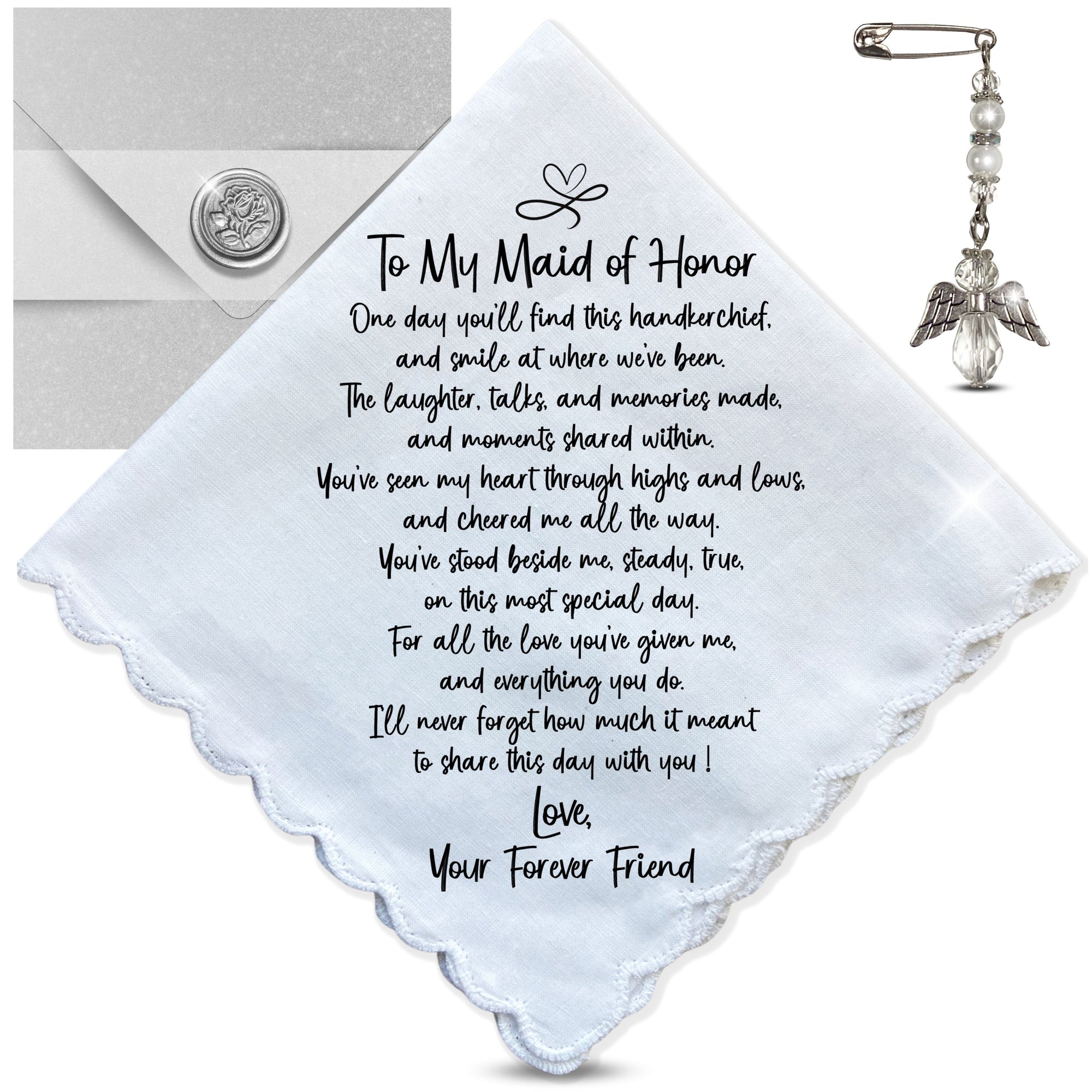Maid of Honor Handkerchief Wedding Gift from Bride | Thank You Keepsake with Poem for Morning of Letter, Angel Charm, Card, Unique Envelope