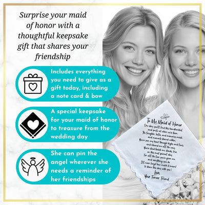 Maid of Honor Handkerchief Wedding Gift from Bride | Thank You Keepsake with Poem for Morning of Letter, Angel Charm, Card, Unique Envelope