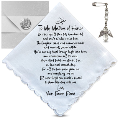 Matron of Honor Handkerchief Wedding Gift from Bride | Thank You Keepsake Poem for Morning of Letter, Angel Charm, Card, Unique Envelope