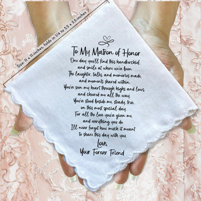 Matron of Honor Handkerchief Wedding Gift from Bride | Thank You Keepsake Poem for Morning of Letter, Angel Charm, Card, Unique Envelope