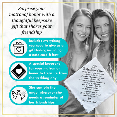 Matron of Honor Handkerchief Wedding Gift from Bride | Thank You Keepsake Poem for Morning of Letter, Angel Charm, Card, Unique Envelope