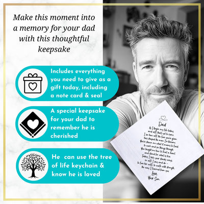 Father of the Groom Handkerchief | Wedding Gift from Son to Dad | Cotton Hankie, Tree of Life Keychain, Card & Elegant Wax-Sealed Envelope