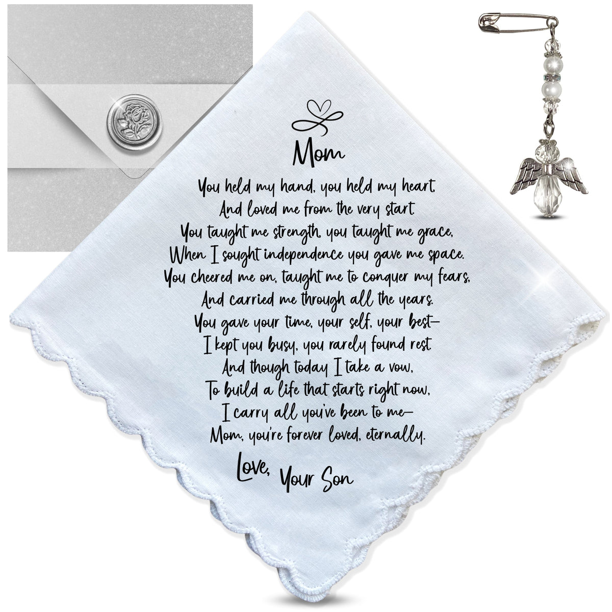 Wedding Handkerchief for Mom from Son | Mother of the Groom Keepsake Poem | Angel Charm & Card | Unique Sentimental Gift on Day of Ceremony